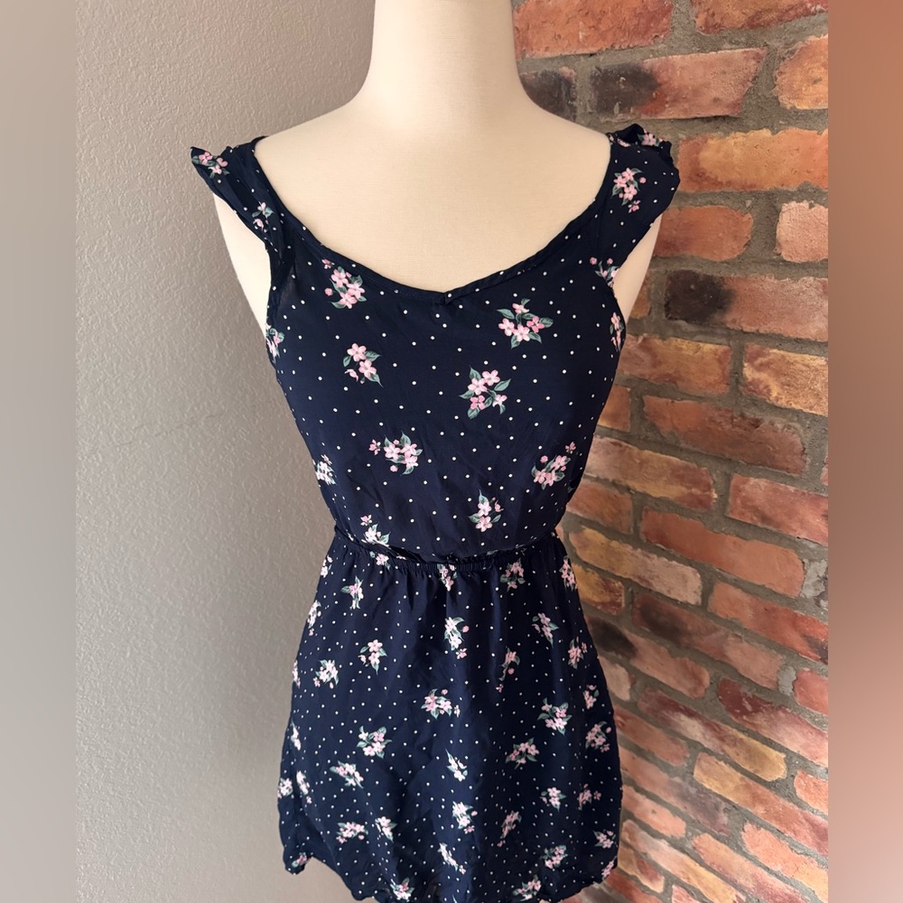 Navy Blue Floral Ruffle Backless Dress